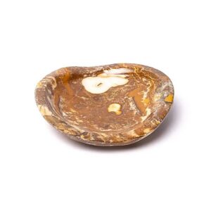 Bol en onyx marocain naturel, idéal pour la décoration ou comme vide-poche pour bijoux et petits objets. Présente des veines terreuses et des nuances de brun, crème et rouille.