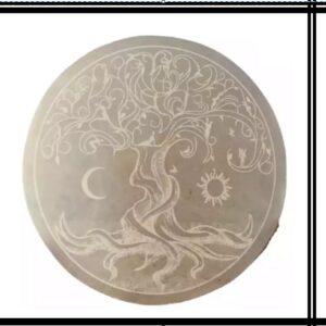 Plaque de rechargement ronde en sélénite naturelle gravée du symbole de l'Arbre de Vie