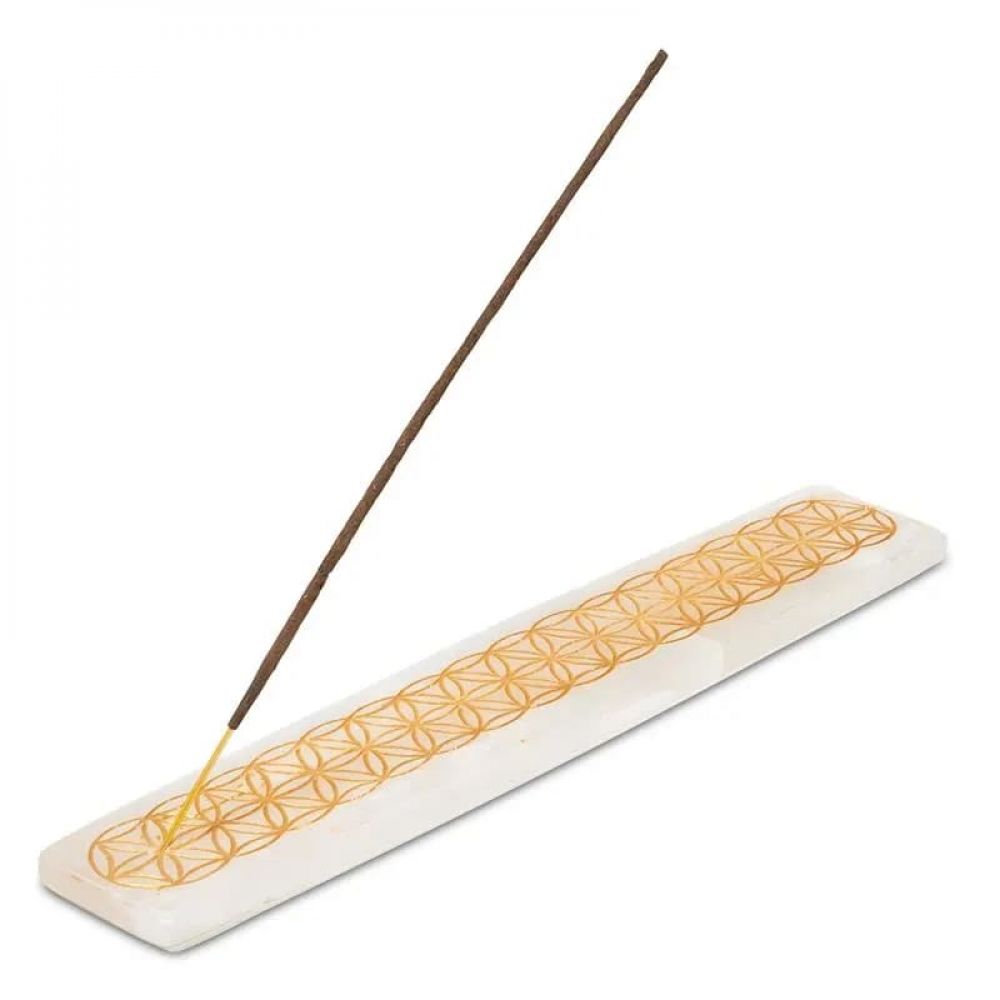 Porte-encens rond en sélénite blanche polie avec un motif de Fleur de Vie gravé en doré